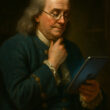 Classical oil painting of Benjamin Franklin in contemplative pose with bifocals and teal colonial coat, holding a modern tablet instead of period papers
