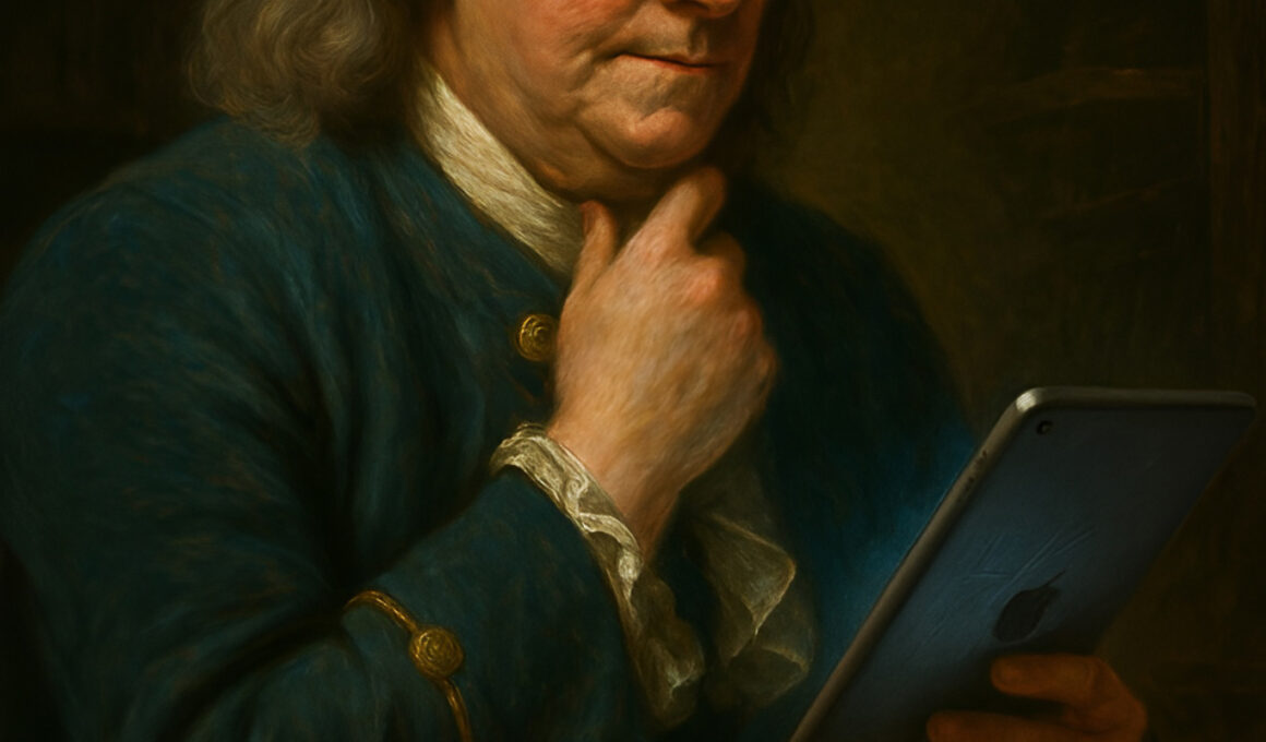 Classical oil painting of Benjamin Franklin in contemplative pose with bifocals and teal colonial coat, holding a modern tablet instead of period papers