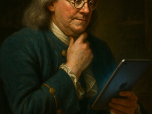 Classical oil painting of Benjamin Franklin in contemplative pose with bifocals and teal colonial coat, holding a modern tablet instead of period papers