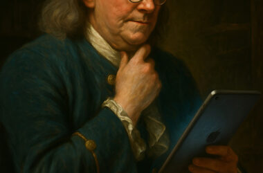 Classical oil painting of Benjamin Franklin in contemplative pose with bifocals and teal colonial coat, holding a modern tablet instead of period papers
