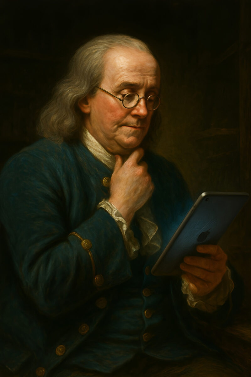 Classical oil painting of Benjamin Franklin in contemplative pose with bifocals and teal colonial coat, holding a modern tablet instead of period papers
