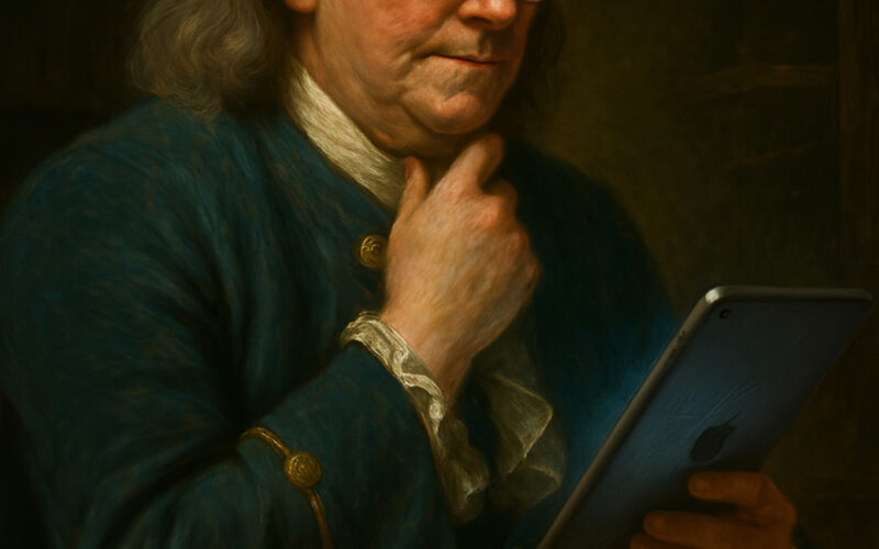 Classical oil painting of Benjamin Franklin in contemplative pose with bifocals and teal colonial coat, holding a modern tablet instead of period papers
