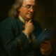 Classical oil painting of Benjamin Franklin in contemplative pose with bifocals and teal colonial coat, holding a modern tablet instead of period papers